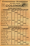 The schedule list of departures to and returns from Columbia.