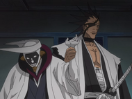 Mayuri being stopped from harming Ikkaku by Kenpachi Zaraki.