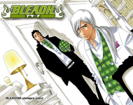 The color spread cover of chapter 335, featuring Shunsui Kyōraku and Jūshirō Ukitake in non-uniform attire.