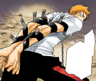 Ichigo's arms are bound by Tessai using Bakudō #99, Part 1. Kin.