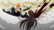 Ichigo slashes Aizen across the chest.