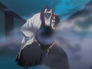 Mayuri is grievously injured by Uryū's final blow.