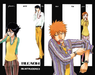 The cover page of chapter 298, featuring Ichigo, Rukia, Orihime, and Uryū on cell phones.