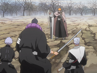 Ichigo Kurosaki confronts Chōjirō, Marechiyo Ōmaeda, and Isane Kotetsu.