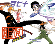 The color spread cover of chapter 170, featuring Ichigo, Rukia, Orihime, and Uryū.