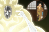 Urahara suddenly appears from a Senkaimon behind Mayuri.