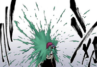 Mayuri's body bursts into green liquid as Nikushibuki takes effect.