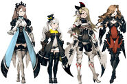 Vestals of Bravely Default: Praying Brage from left to right: Curie, Lillia, Edea and Iglia.