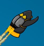 A penguin using a jetpack