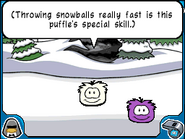 A disguised elite puffle in the Forest, asking a question after being uncovered