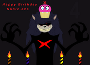 X's fourth birthday, featuring four candles, and a FNaF cupcake on his head