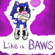 A cute chibi X with a Markiplier mustache saying "like a BAWS"