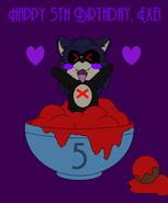 X's fifth birthday, featuring a bowl of marinara and pickle meatballs, and a happy chibi X.