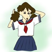 Misae wearing her old high school uniform.