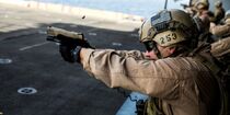 A U.S. soldier firing an M1911.