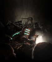 Artwork depicting Isaac fighting against the overwhelming Necromorphs in Dead Space.