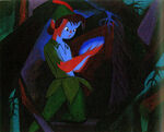 Peter holds the dying Tinker Bell, by Mary Blair.