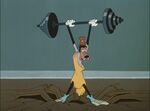 Goofy crashing through the floor due to the weight of the barbells