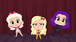 Chibi Sharpay Evans, Chibi Addison Wells, and Chibi Mal Bertha taking the stage.