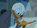 Donald holding Genie's Lamp in "Donald's Lamp Trade"