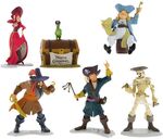 A figurine set of the Auctioneer, the Pooped Pirate, Hook Hand Pirate, Redd, Skeleton Pillager, and Barker Bird