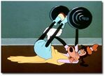 Goofy straightening his legs while still lifting the barbells with his feet