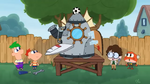 Chibi Phineas Flynn, Chibi Ferb Fletcher, Chibi Dylan Piper, and Chibi Hop Pop Plantar launching a rocket.