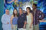 Pat Carroll with (l-r) Tara Strong, Buddy Hackett, Jodi Benson, and Samuel E. Wright at the premiere of The Little Mermaid II: Return to the Sea in September 2000.