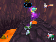 A screenshot of Buzz fighting Gravitina on Level 2. Notice her shield is purple, which matches the weapon used to destroy it.