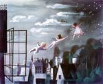 Concept painting of Peter Pan taking the Darling children to Neverland by Mary Blair.