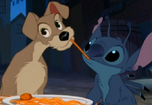 Stitch come de un plato de espaguetis con Golfo en un anuncio de Lilo & Stitch.