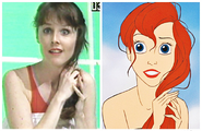 Sherri Stoner (left) during the productions of The Little Mermaid, being the live-action reference for Ariel (right)