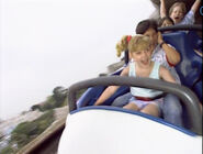 Candy Hutson, Steven Alvarez, Danielle Clegg, and Andy Diamond riding on the Matterhorn Bobsleds ride.