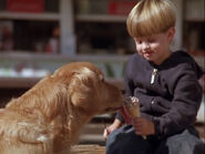 Five-year-old Noah sharing his ice cream cone with Buddy