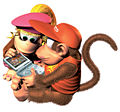 Artwork of Diddy and Dixie Kong playing a Game Boy Advance SP, from the game Donkey Kong Country 2 for GBA.