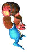 Artwork of Kiddy Kong holding up a wooden barrel.