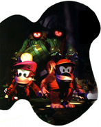 Artwork of two Kloaks stalking Diddy and Dixie Kong, from the game Donkey Kong Country 2.