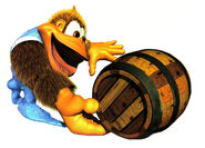 Artwork of Kiddy Kong throwing a wooden barrel.