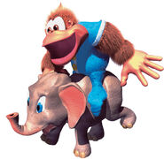 Artwork of Kiddy Kong riding Ellie the Elephant.