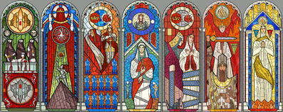 Stained-glass windows telling Andraste's story