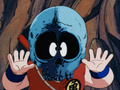 Goku stratles Bulma with a skull on his head