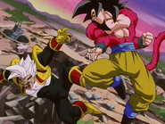 Son Goku termina de realizar el Choque de Meteoros con un golpe final a Baby.