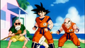 Master Roshi, Goku, and Krillin as Raditz is approaching them