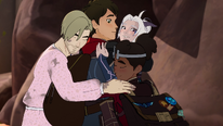 Rayla hugs Callum, Ezran, and Soren[27]