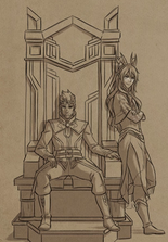 Aaravos lounging on the throne of Katolis with Viren[8]