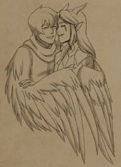 Callum and Rayla cuddling, embraced by Callum's wings