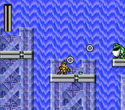 Mega Man utilizando Metal Blade en "Mega Man: The Wily Wars/Mega Man 2", Sega Genesis.