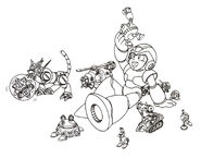 Mega Man X jugando con figuras de enemigos Mecaniloide. Arte en Mega Man X.