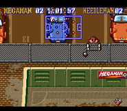 Hammer Joe en las gradas del Needle Field en "Mega Man's Soccer", SNES.