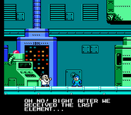 Dr. Light informa a Mega Man del robo de los elementos de energía por el Dr. Wily. Cinemática de "Mega Man 3", NES.